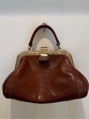 Gianni Conti Brown Italian Leather Metal Frame-Top Satchel Handbag
